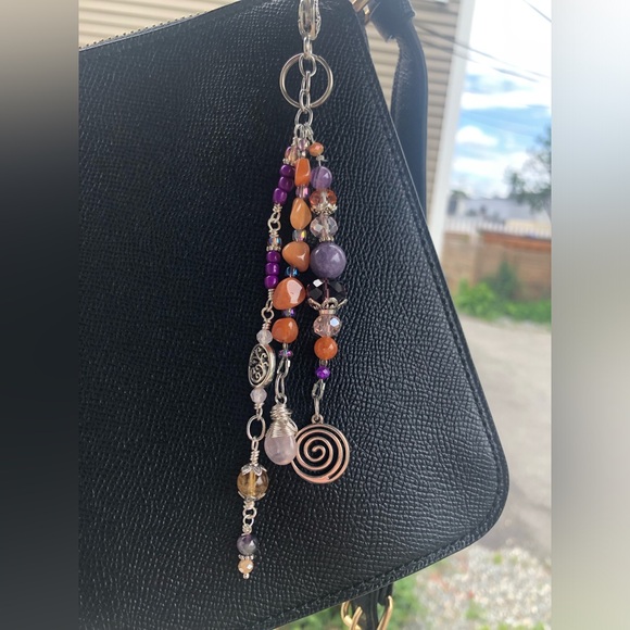 Red Aventurine Rose Quartz Mixed Crystal Gemstone Beaded Purse Charm Keychain - Picture 5 of 17